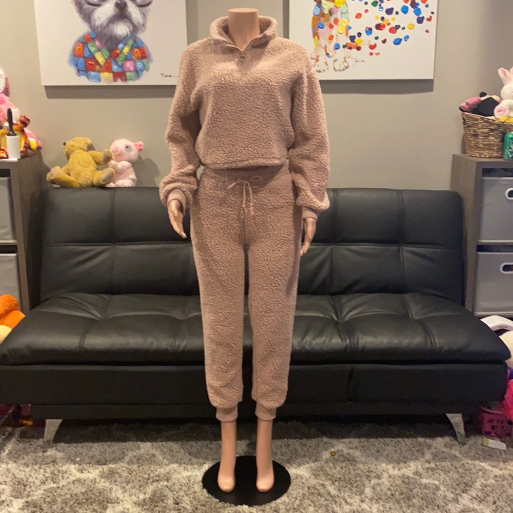 NWT Blush Pink Fluffy Sherpa 2 Piece Set Half Zip Crop Top Pants Small